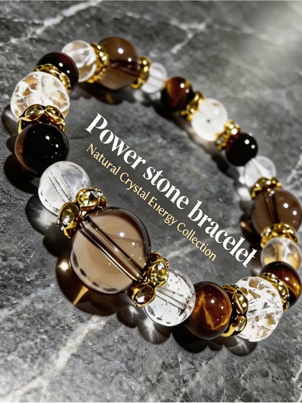 Power Stone Bracelet - Brown & Clear Crystal - Natural Crystal Energy